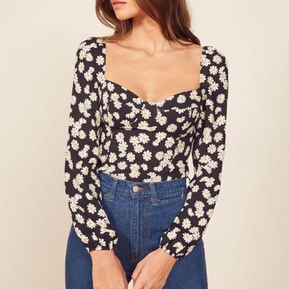 Reformation Reign Black Crop Top Blouse Daisy Floral Size 0 - Picture 1 of 7